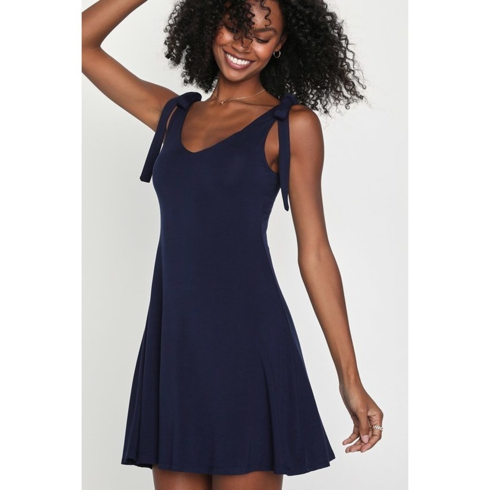 Lulus Italian Villa Navy Blue V-neck Tie-strap Mini Dress - Size S